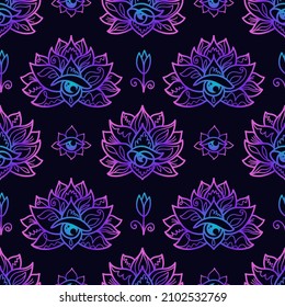Lotus mandala neon seamless pattern. Buddhism design, yoga print, poster, t-shirt, textile, tattoo. Hindu symbols of wisdom and path to perfection. Repeating vector illustration.