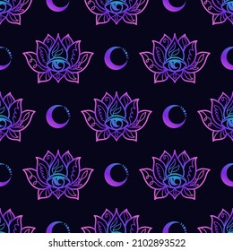 Lotus mandala neon seamless pattern. Buddhism design, yoga print, poster, t-shirt, textile, tattoo. Hindu symbols of wisdom and path to perfection. Repeating vector illustration.