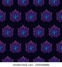 Lotus mandala neon seamless pattern. Buddhism design, yoga print, poster, t-shirt, textile, tattoo. Hindu symbols of wisdom and path to perfection. Repeating vector illustration.