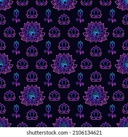 Lotus mandala neon seamless pattern. Buddhism design, yoga print, poster, t-shirt, textile, tattoo. Hindu symbols of wisdom and path to perfection. Repeating vector illustration.