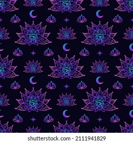 Lotus mandala neon seamless pattern. Buddhism design, yoga print, poster, t-shirt, textile, tattoo. Hindu symbols of wisdom and path to perfection. Repeating vector illustration.
