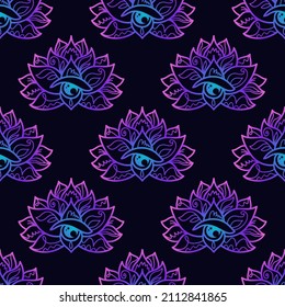 Lotus mandala neon seamless pattern. Buddhism design, yoga print, poster, t-shirt, textile, tattoo. Hindu symbols of wisdom and path to perfection. Repeating vector illustration.