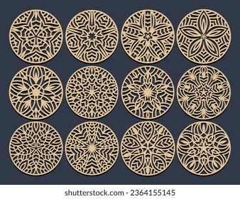  Conjunto de plantillas de vectores de Lotus Mandala para corte e impresión. Ornamento de silueta oriental. Diseño de la montaña rusa vectorial.