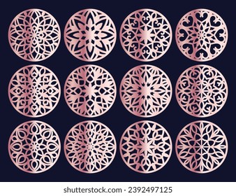 Lotus Mandala Vector Template Set for Cutting and Printing. Oriental silhouette ornament. Vector coaster design Bundle	