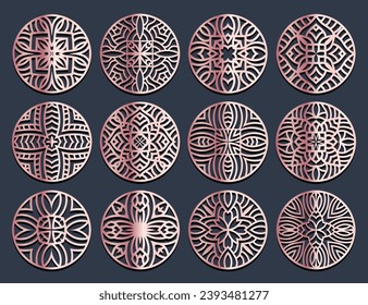 Lotus Mandala Vector Template Set for Cutting and Printing. Oriental silhouette ornament. Vector coaster design