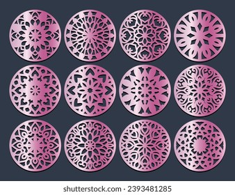 Lotus Mandala Vector Template Set for Cutting and Printing. Oriental silhouette ornament. Vector coaster design