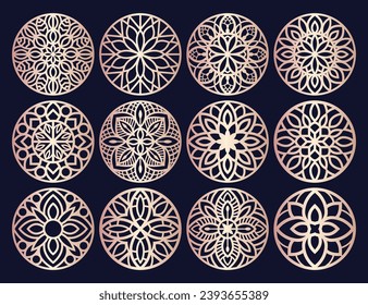 Conjunto de plantillas de vectores de Lotus Mandala para corte e impresión. Ornamento de silueta oriental. Paquete de diseño de escayola vectorial	