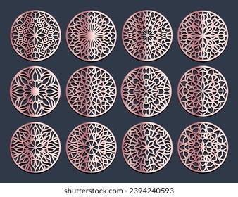 Lotus Mandala Vector Template Set for Cutting and Printing. Oriental silhouette ornament. Vector coaster design Bundle	