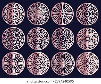 Lotus Mandala Vector Template Set for Cutting and Printing. Oriental silhouette ornament. Vector coaster design Bundle	