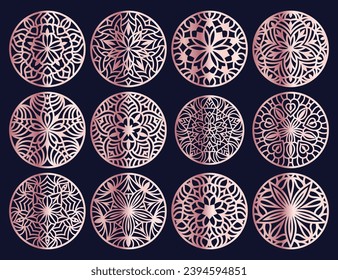 Lotus Mandala Vector Template Set for Cutting and Printing. Oriental silhouette ornament. Vector coaster design Bundle	