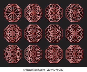 Conjunto de plantillas de vectores de Lotus Mandala para corte e impresión. Ornamento de silueta oriental. Paquete de diseño de escayola vectorial	