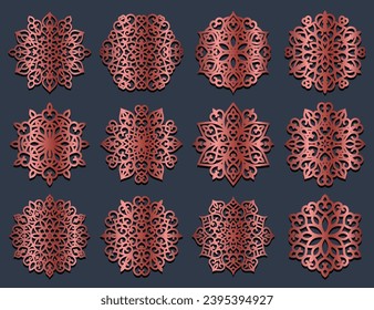 Lotus Mandala Vektorvorlage Set zum Schneiden und Drucken. Orientalische Silhouette-Ornament. Paket für Vektorcoaster-Design	