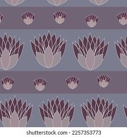 Lotus March. Vector mauve seamless pattern. Lotus flowers in different sizes arranged on gray and mauve block stripes in a slightly erratic way. Part of Epiphany collection by Last Island Art.