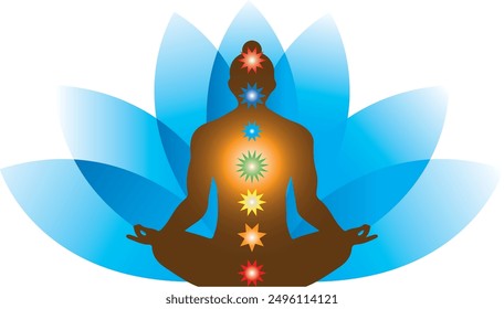 Der Lotus und die meditierende Person. Bunte Lotusblüten. Charka-Meditation. Meditation und Aufklärung .Wirkungen der Meditation. Leicht änderbare und druckbare Designs. Jederzeit verwendbar