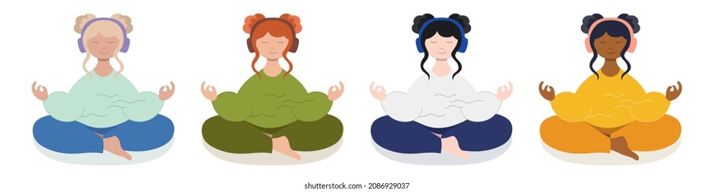 Lotus meditation with headphones - set of girls, isolated vector. Meditating women characters sit on floor with closed eyes