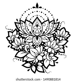 Lotus mehndi flower pattern for Henna drawing and tattoo. Decoration in oriental, Indian style. Doodle ornament. Outline hand draw vector illustration.