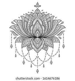 Lotus mehndi flower pattern for Henna drawing and tattoo. Decoration in oriental, Indian style. Doodle ornament. Outline hand draw vector illustration.