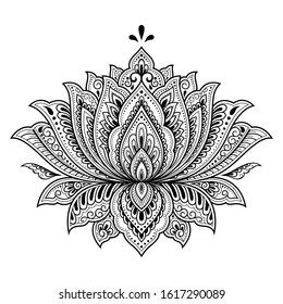 Lotus mehndi flower pattern for Henna drawing and tattoo. Decoration in oriental, Indian style. Doodle ornament. Outline hand draw vector illustration.