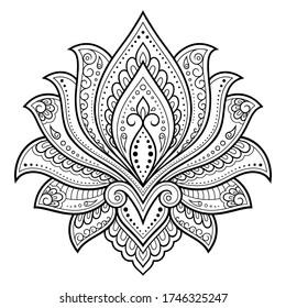 Lotus mehndi flower pattern for Henna drawing and tattoo. Decoration in oriental, Indian style. Doodle ornament. Outline hand draw vector illustration.