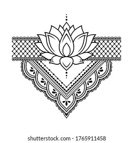 Lotus mehndi flower pattern for Henna drawing and tattoo. Decoration in oriental, Indian style. Doodle ornament. Outline hand draw vector illustration.