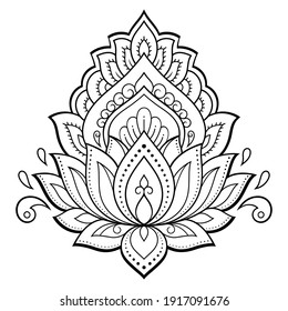 Lotus mehndi flower pattern for Henna drawing and tattoo. Decoration in oriental, Indian style. Doodle ornament. Outline hand draw vector illustration.