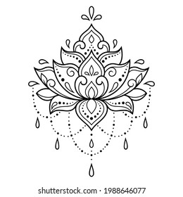 Lotus mehndi flower pattern for Henna drawing and tattoo. Decoration in oriental, Indian style. Doodle ornament. Outline hand draw vector illustration.