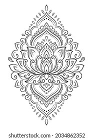 Lotus mehndi flower pattern for Henna drawing and tattoo. Decoration in oriental, Indian style. Doodle ornament. Outline hand draw vector illustration.