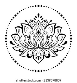 Lotus mehndi flower pattern for Henna drawing and tattoo. Decoration in oriental, Indian style. Doodle ornament. Outline hand draw vector illustration. 