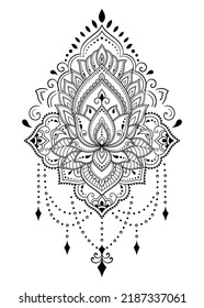 Lotus mehndi flower pattern for Henna drawing and tattoo. Decoration in oriental, Indian style. Doodle ornament. Outline hand draw vector illustration. 