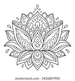 Lotus mehndi flower pattern for Henna drawing and tattoo. Decoration in oriental, Indian style. Doodle ornament. Outline hand draw vector illustration. 