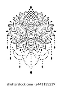 Lotus mehndi flower pattern for Henna drawing and tattoo. Decoration in oriental, Indian style. Doodle ornament. Outline hand draw vector illustration. 