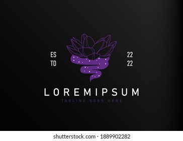 Diseño del logo de Lotus Monoline. Ilustración vectorial del loto abstracto con polvo. Plantilla de icono de línea vectorial de diseño de logotipo de vintage