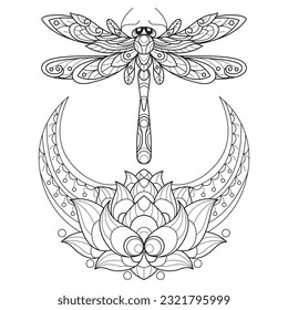 Lotus moon and dragonfly hand drawn for adult coloring book