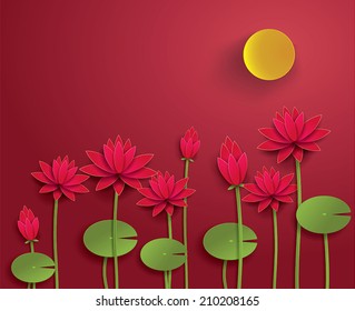  Lotus on red background with full moon. paper art style.
