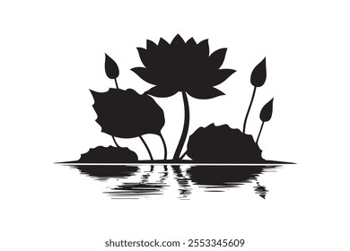 Lotus On Water Silhouette Vector On white Background