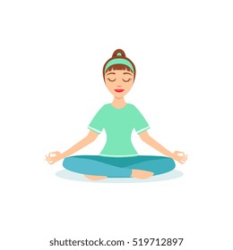 Lotus PAdmasana Yoga Pose Demonstrated By The Girl Cartoon Yogi With Ponytail In Blue Sportive Clothing Vector Illustration