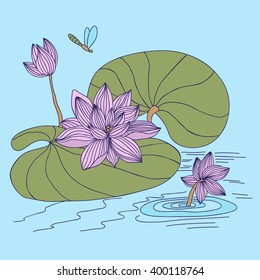 Lotus painted by hand made in a vector. Can be used in notebooks design, albums covers