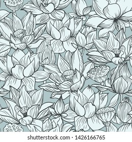 Lotus pattern, line blue floral ornament. Seamless background. Hand drawn illustration in vintage style