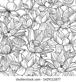 Lotus pattern, line floral ornament. Seamless background. Hand drawn illustration in vintage style