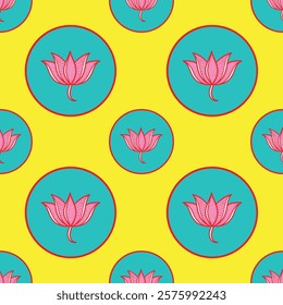 Lotus pattern , madhubani style , indian lotus seamless pattern iolated on yellow background 