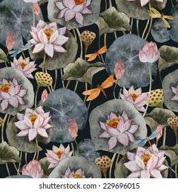 lotus, pattern, watercolor