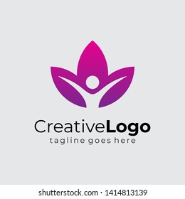 Lotus and People Yoga Wellness Logo Template Flat Vector Illustration