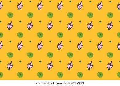 lotus petal with leaves colorful seamless pattern on yellow background. lotus flower doodle illustration pattern background. lotus petal flowers background for florist decor and merchandise