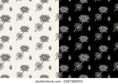 lotus petals with leaves doodle seamless pattern on black white background set. lotus flower petal engraving pattern background. retro lotus flower with leaves background for florist merchandise