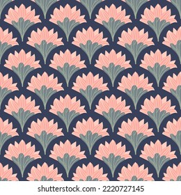 Lotus pink seamless vector pattern. Water lily and leaves on dark background.