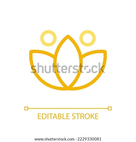 Lotus pixel perfect color linear ui icon. Meditation sign. Inner calmness, tranquility. Spiritual harmony. GUI, UX design. Outline isolated user interface pictogram. Editable stroke. Arial font used