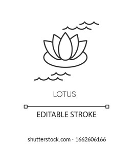 Lotus pixel perfect linear icon. Blooming lily flower. Meditation and zen. Massage treatment. Thin line customizable illustration. Contour symbol. Vector isolated outline drawing. Editable stroke