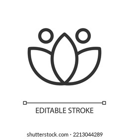 Lotus pixel perfect linear ui icon. Meditation sign. Inner calmness and tranquility. GUI, UX design. Outline isolated user interface element for app and web. Editable stroke. Arial font used