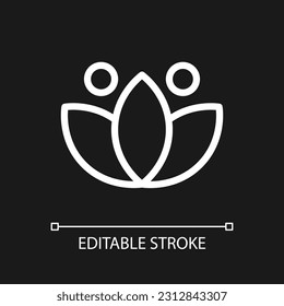 Lotus pixel perfect white linear ui icon for dark theme. Meditation sign. Inner calmness. Vector line pictogram. Isolated user interface symbol for night mode. Editable stroke. Arial font used