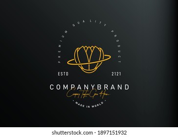 Diseño del logotipo de Lotus planet. Ilustración vectorial del loto con diseño monolítico del anillo del planeta. Plantilla de icono de línea vectorial de diseño de logotipo de vintage